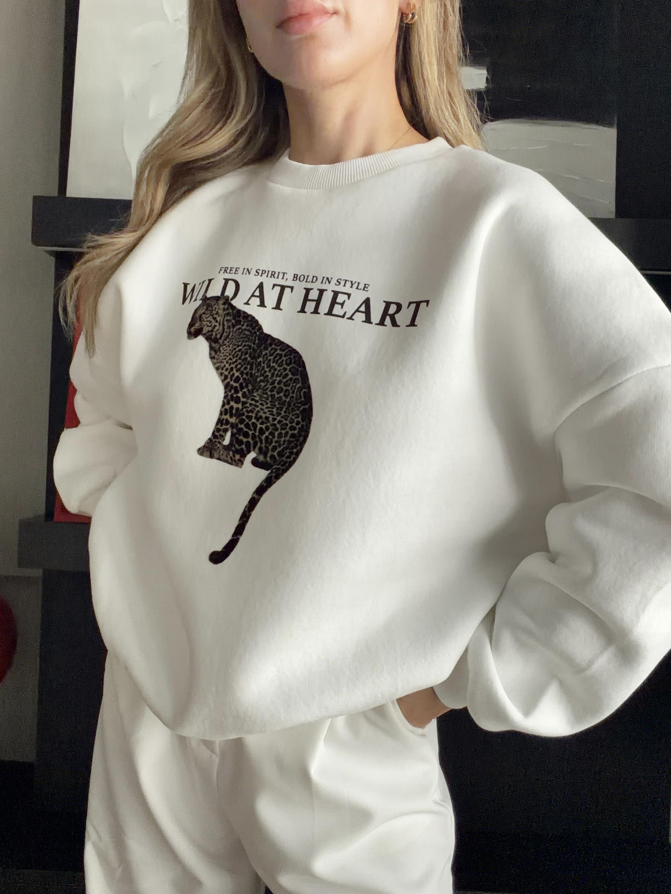 Leopar Baskılı Oversize Sweat Ekru