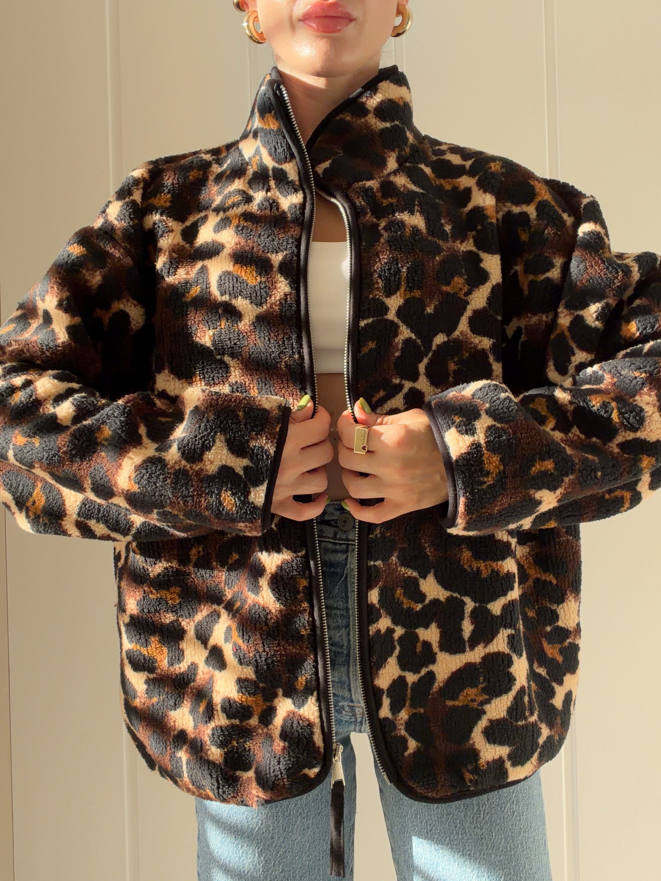 Leopar Desenli Polar Ceket Kahverengi