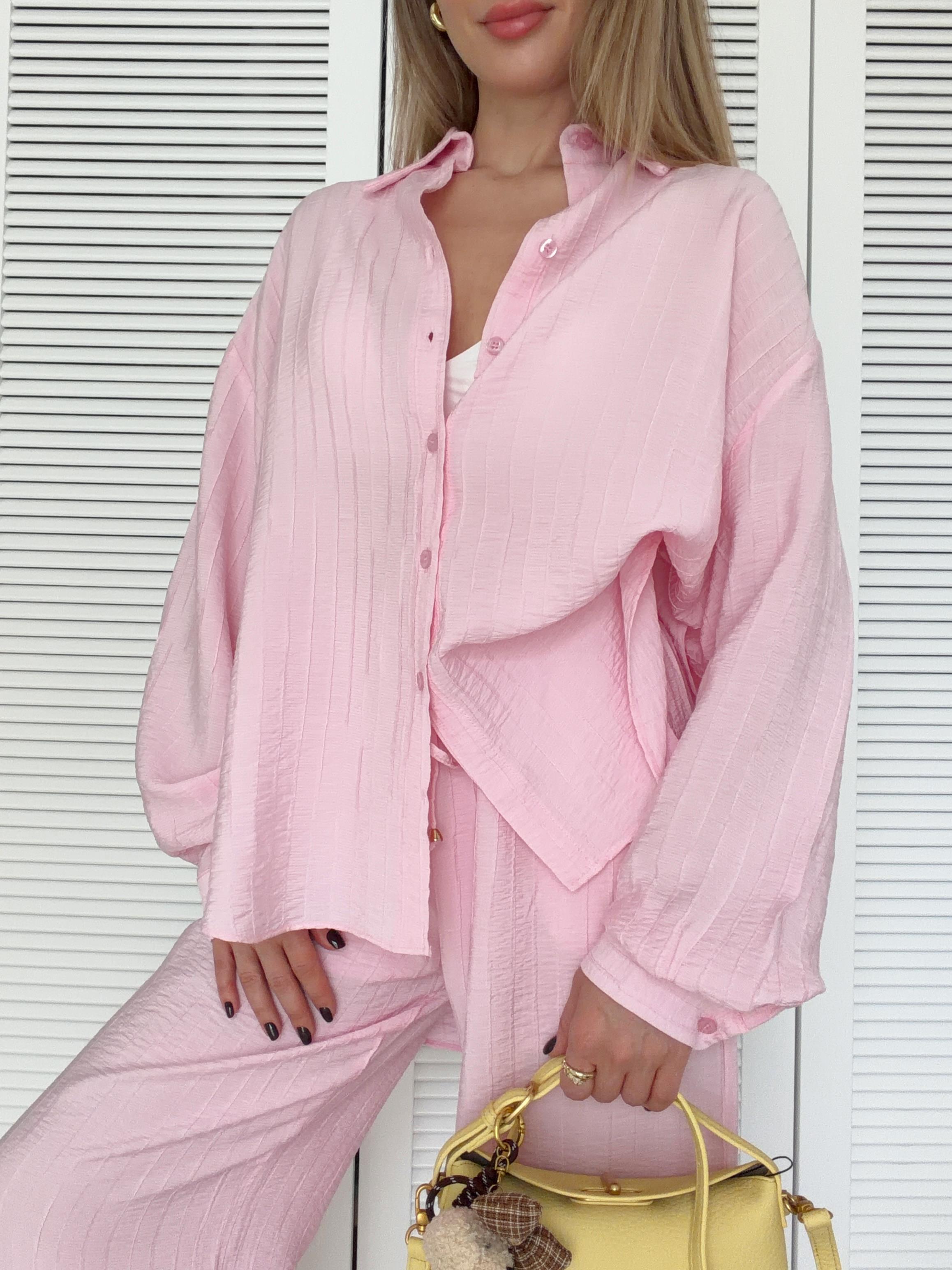 Oversize Gömlek ve Rahat Kalıp Astarlı Pantolon Takım Pembe