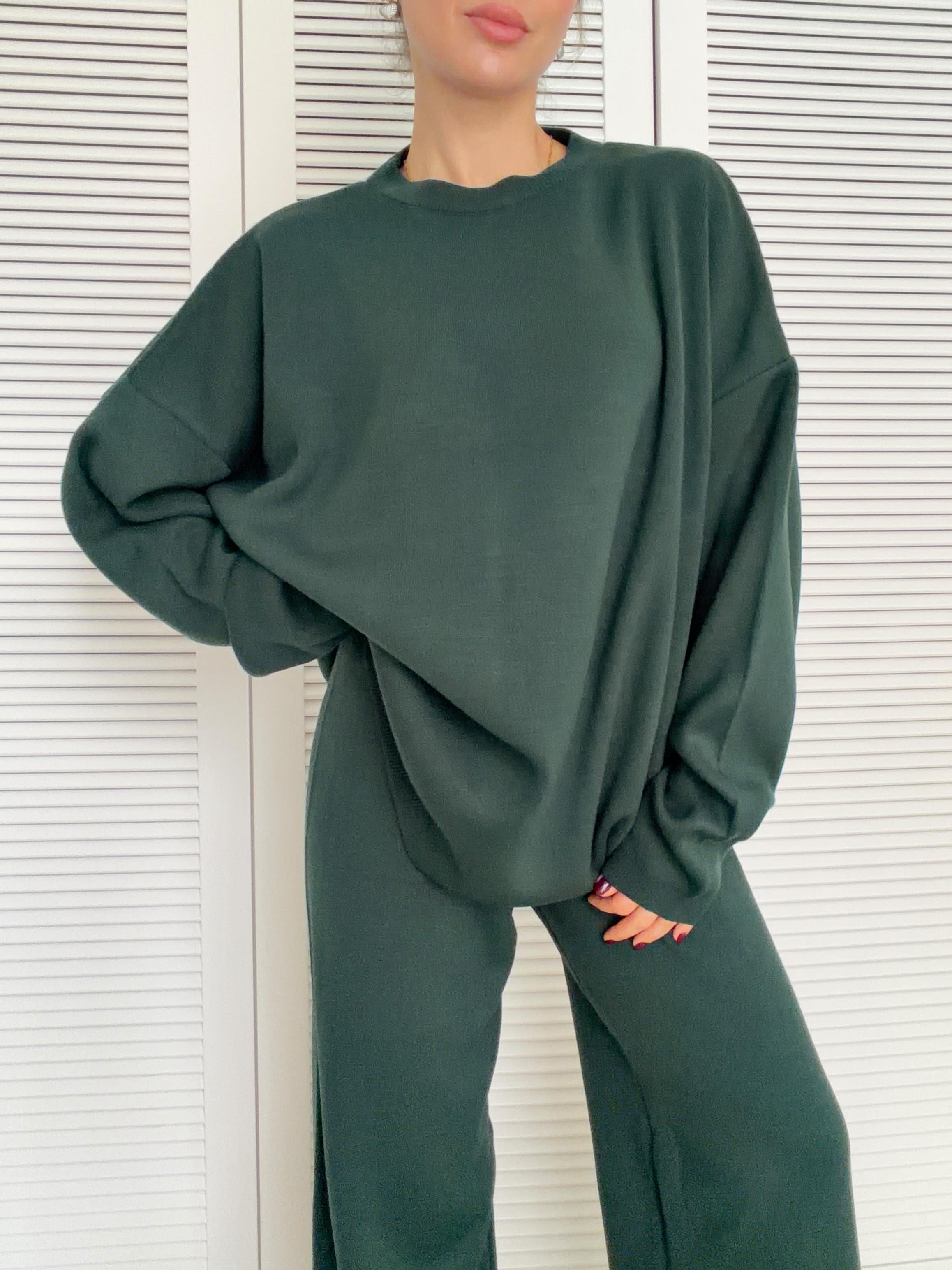 Oversize Rahat Kalıp Pantolon Triko Takım Yeşil 