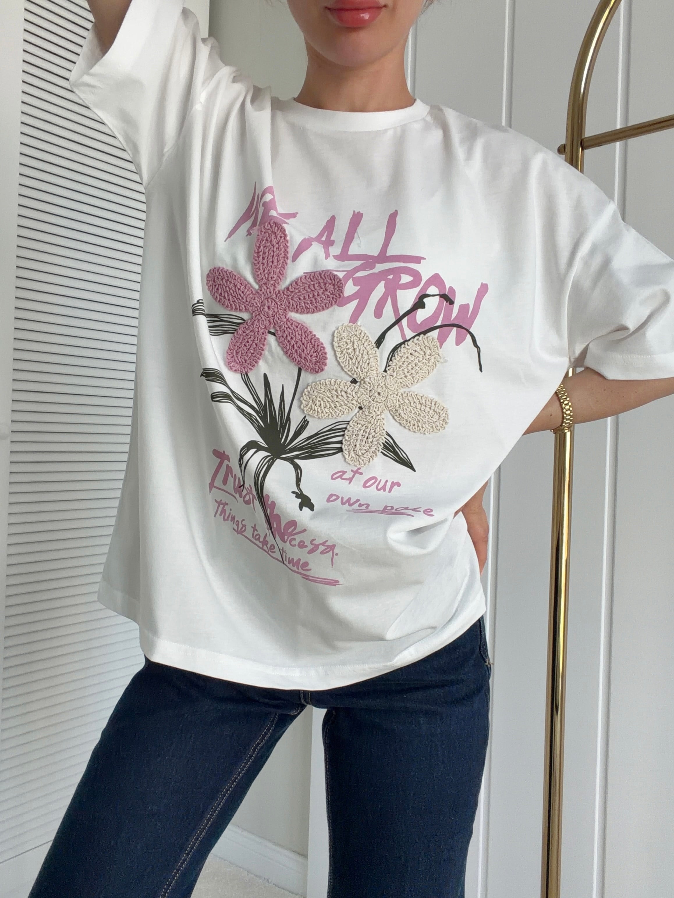 Oversize Tshirt Nakış Çicek Baskılı Ekru