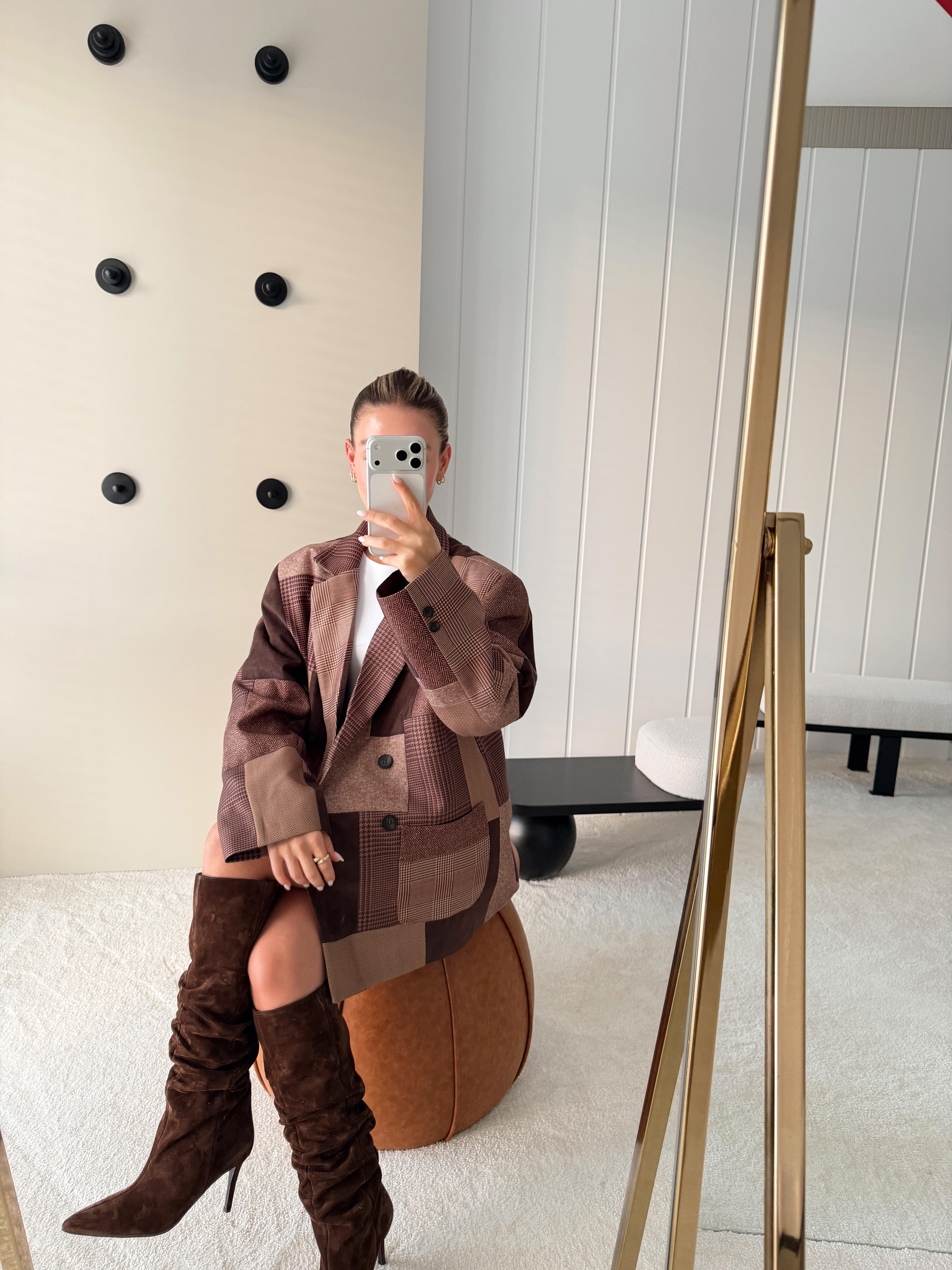 Patchwork Kruvaze Blazer Ceket Kahverengi