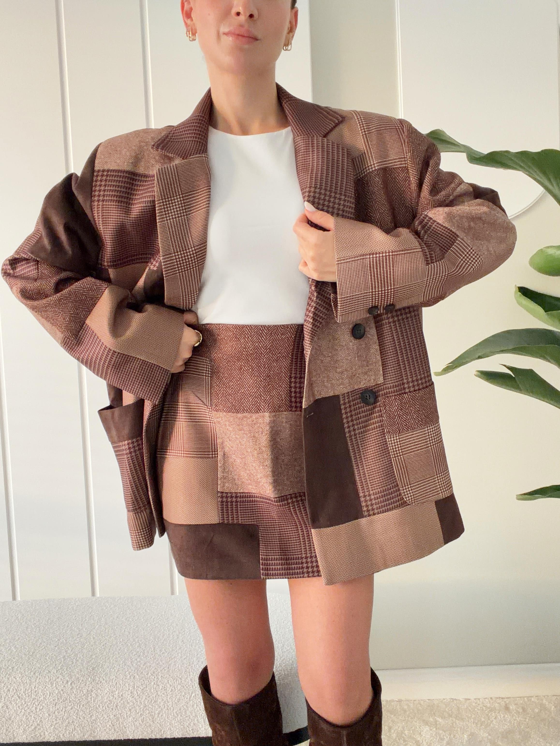 Patchwork Kruvaze Blazer Ceket Kahverengi