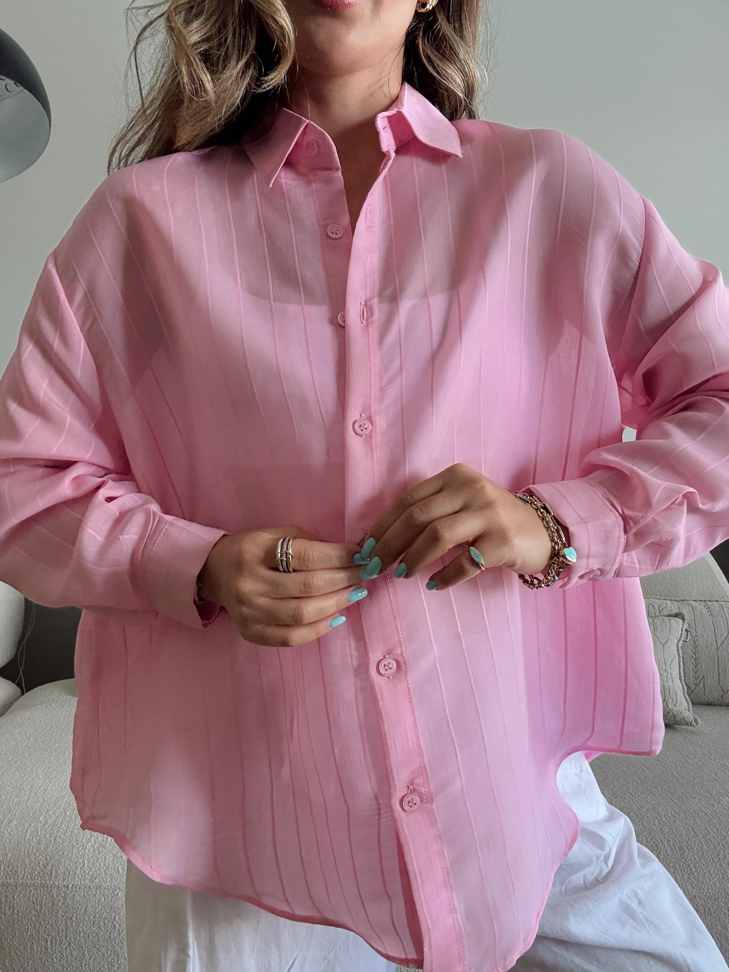 Pembe Çizgili Oversize Transparan Gömlek 