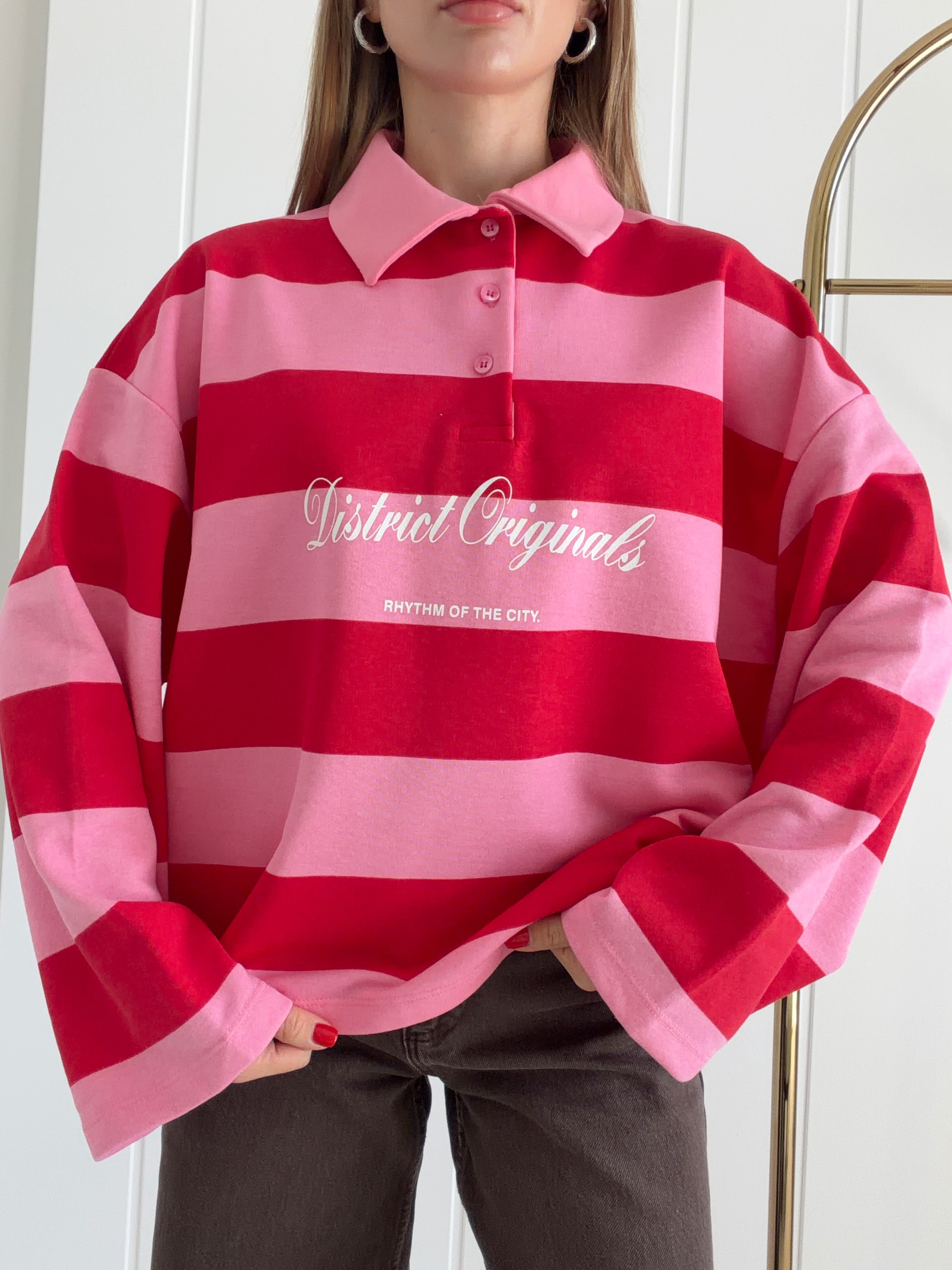 Polo Yaka Baskılı Sweat Pembe Kırmızı