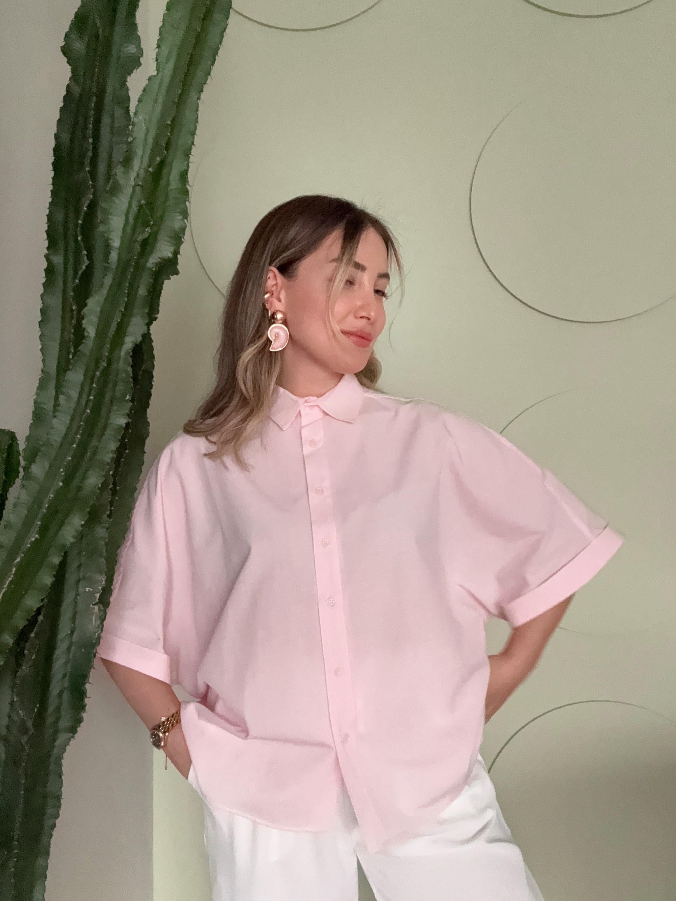 Poplin Kısa Kollu Gömlek Oversize Pembe 