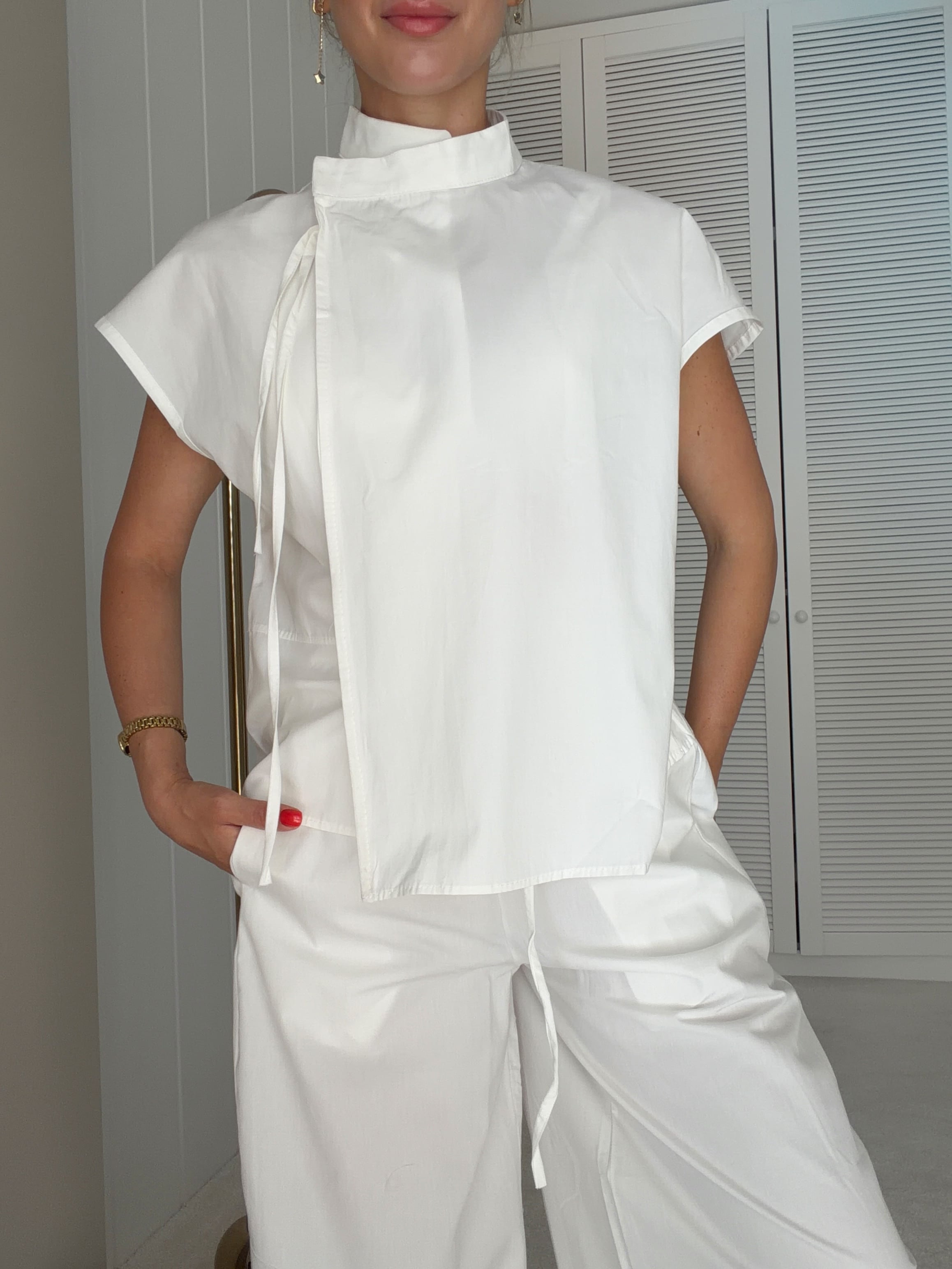 Poplin Kumaş Bağlamalı Gömlek ve Pantolon Takım Ekru
