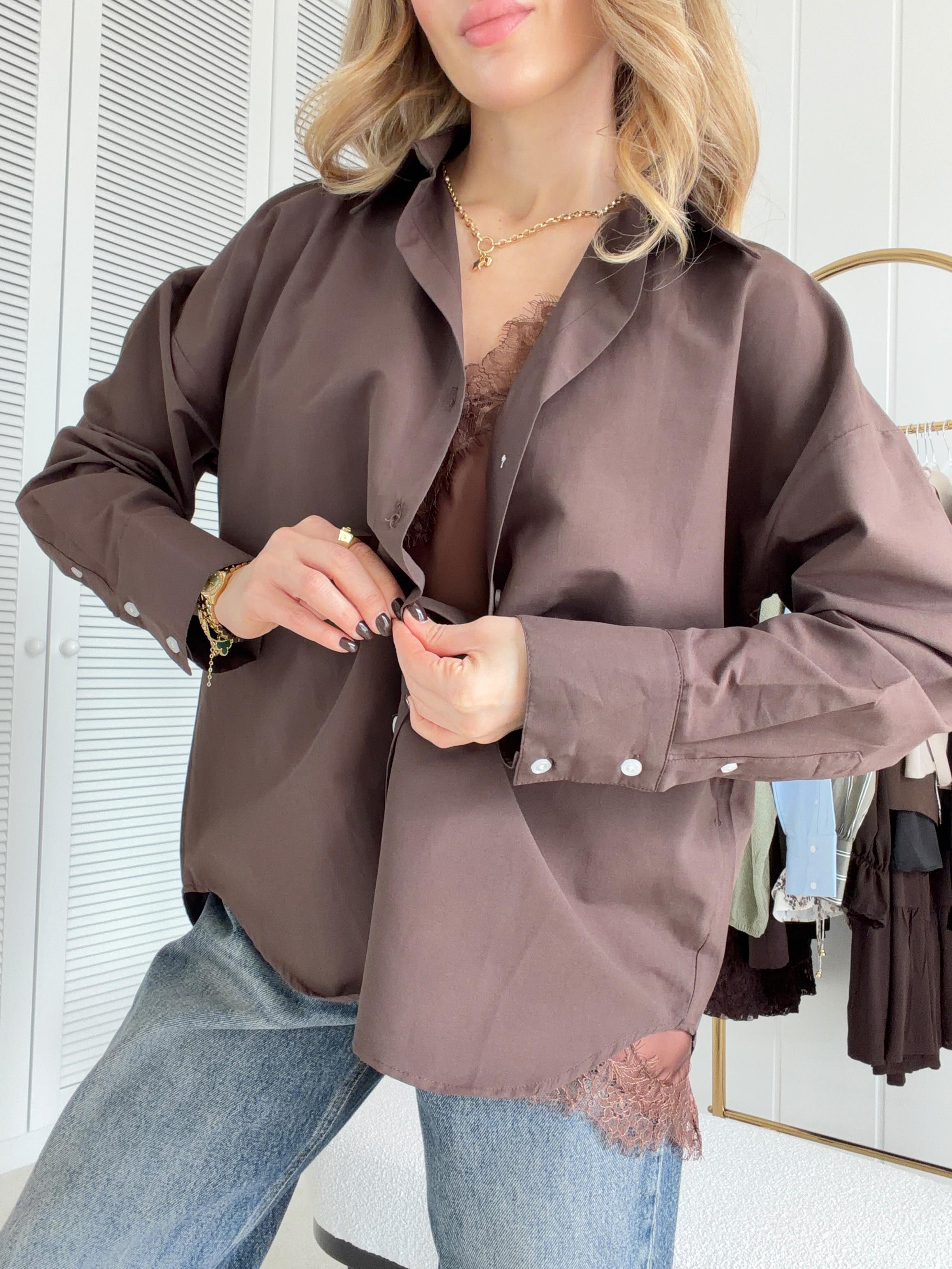 Poplin Kumaş Gömlek Oversize Kalıp Kahverengi