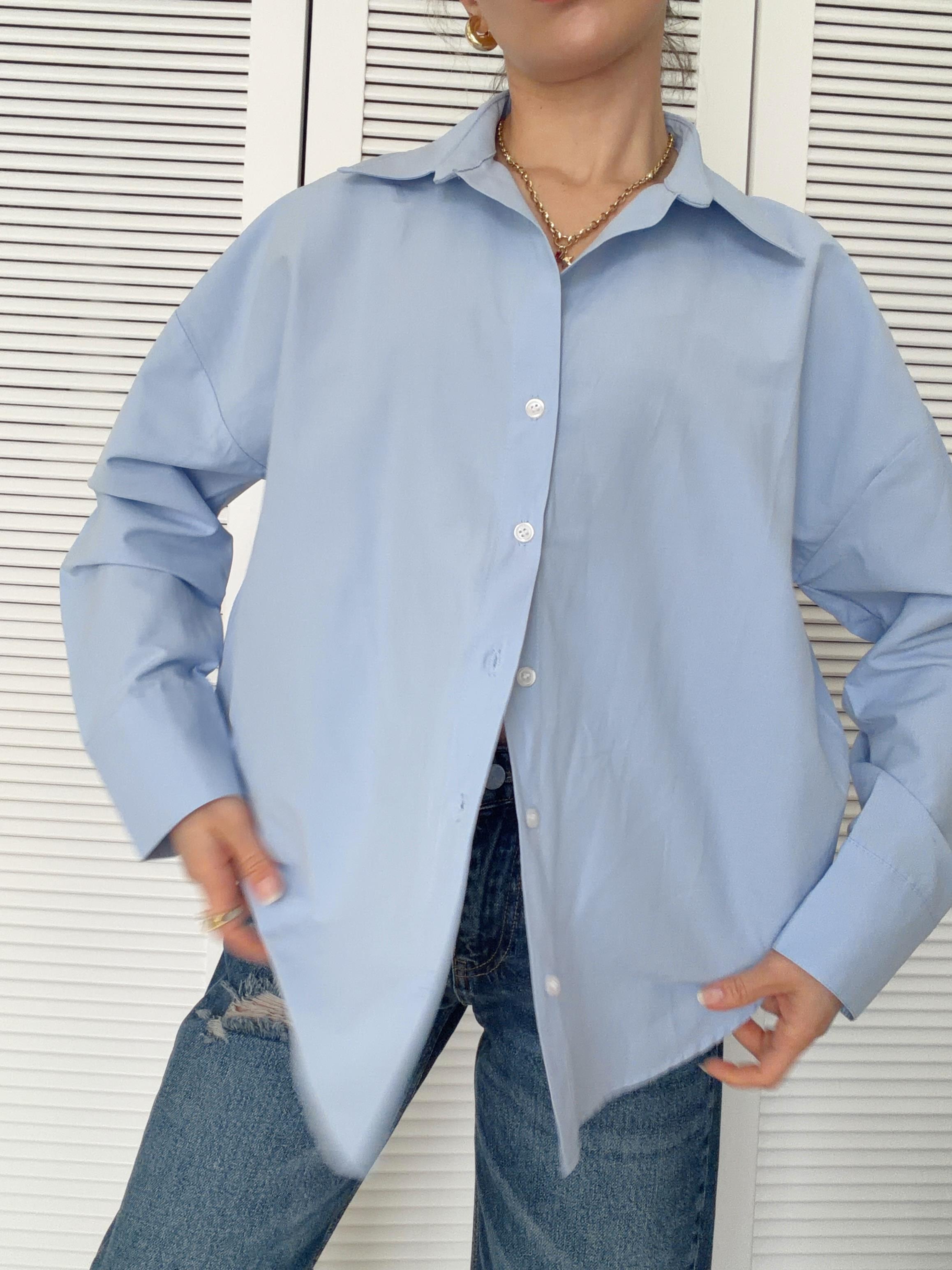 Poplin Kumaş Gömlek Oversize Kalıp Mavi