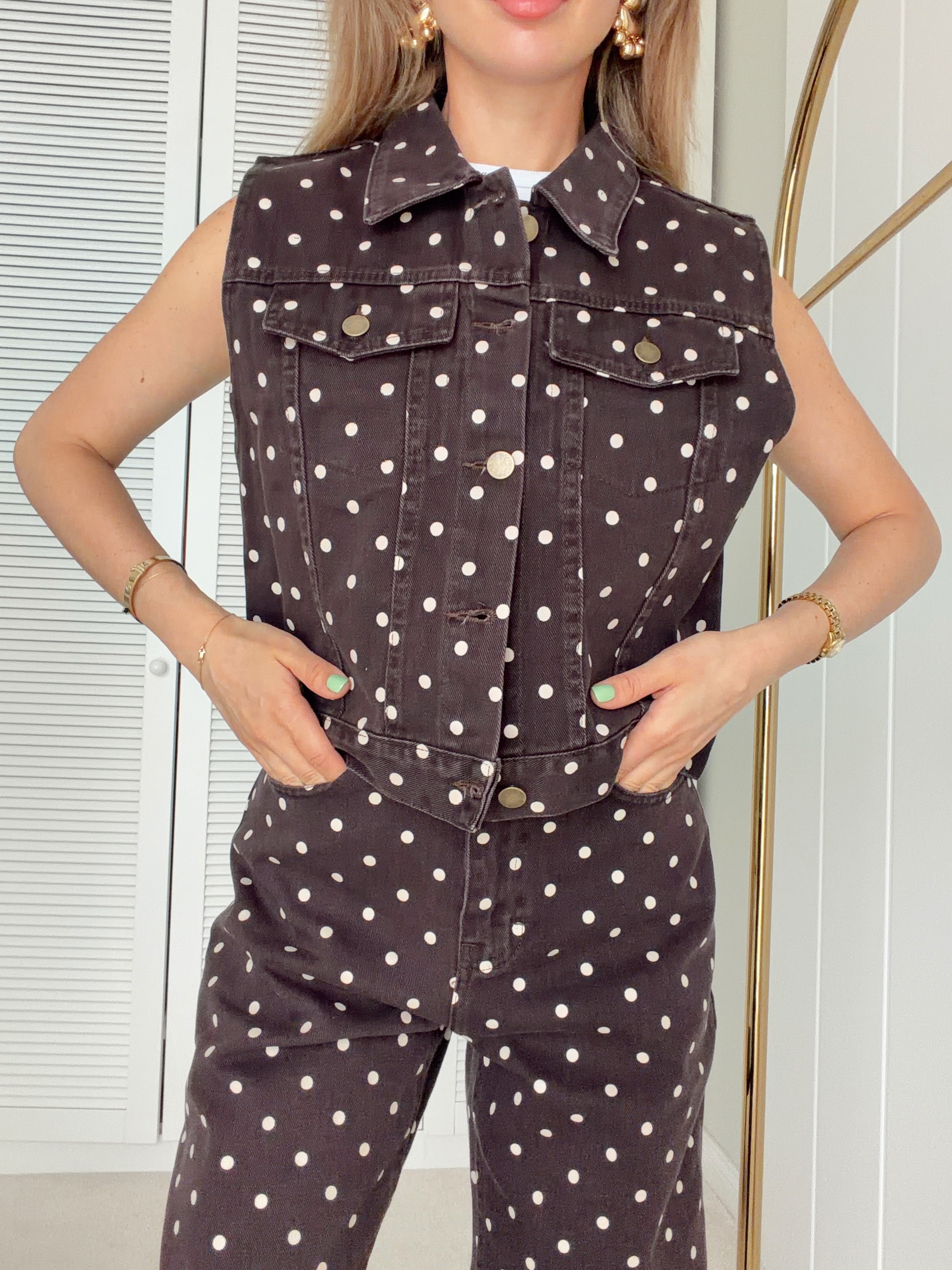 Puantiyeli Yelek ve Pantolon Takım Kahverengi