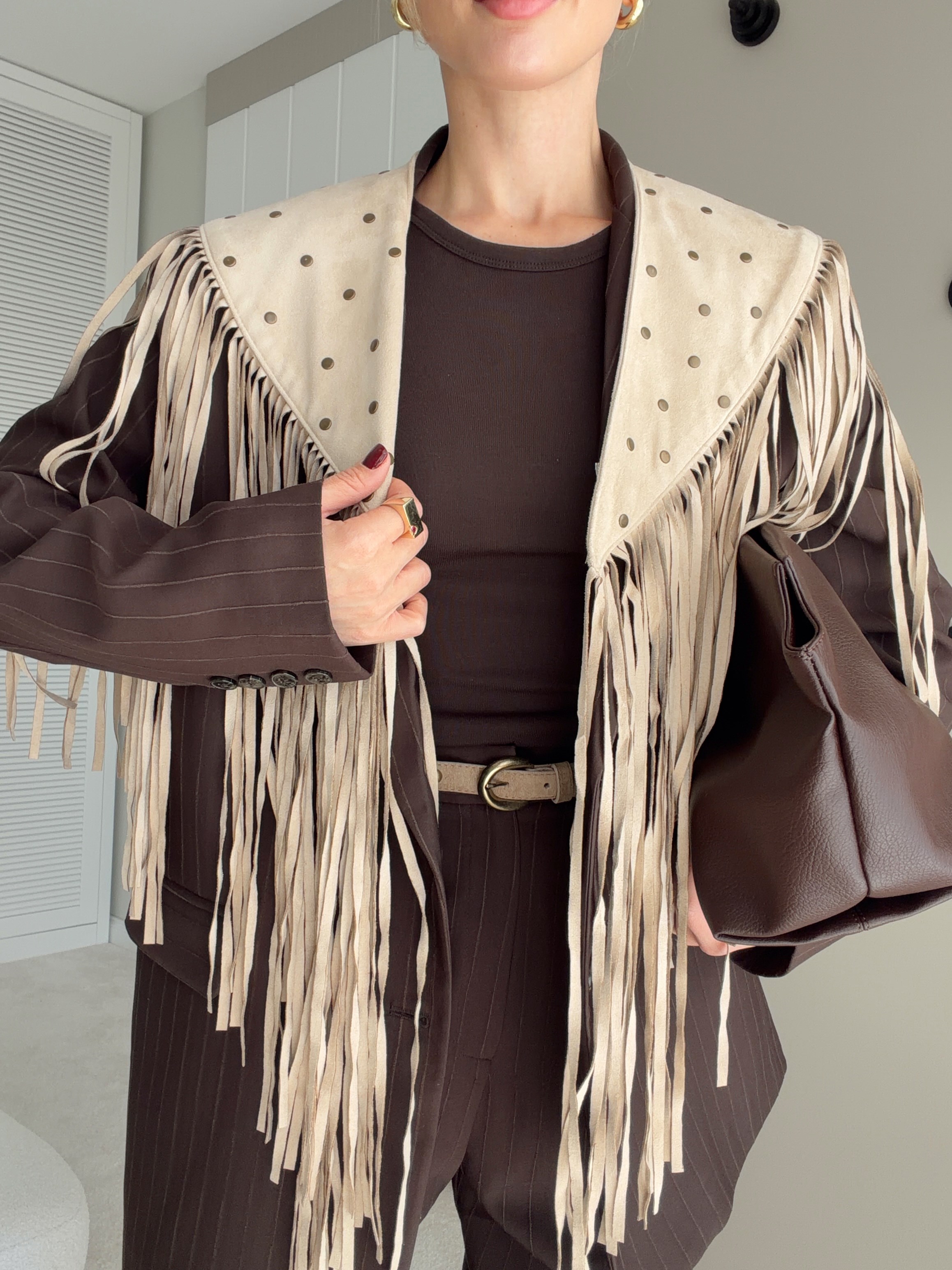 Püsküllü Süet Şal Detaylı Oversize Blazer Ceket Kahverengi
