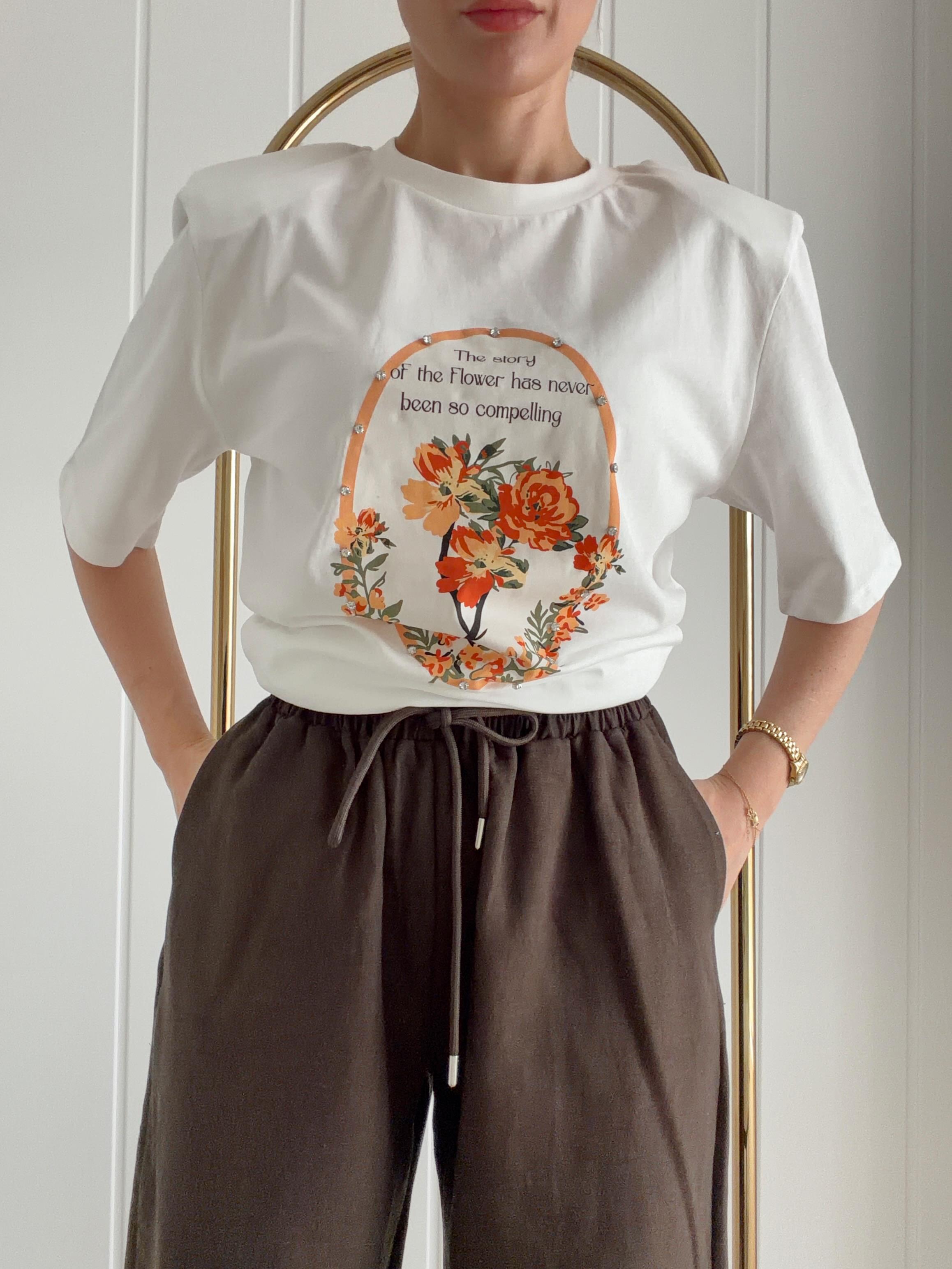 Taş Detaylı Vatkalı Tshirt Ekru