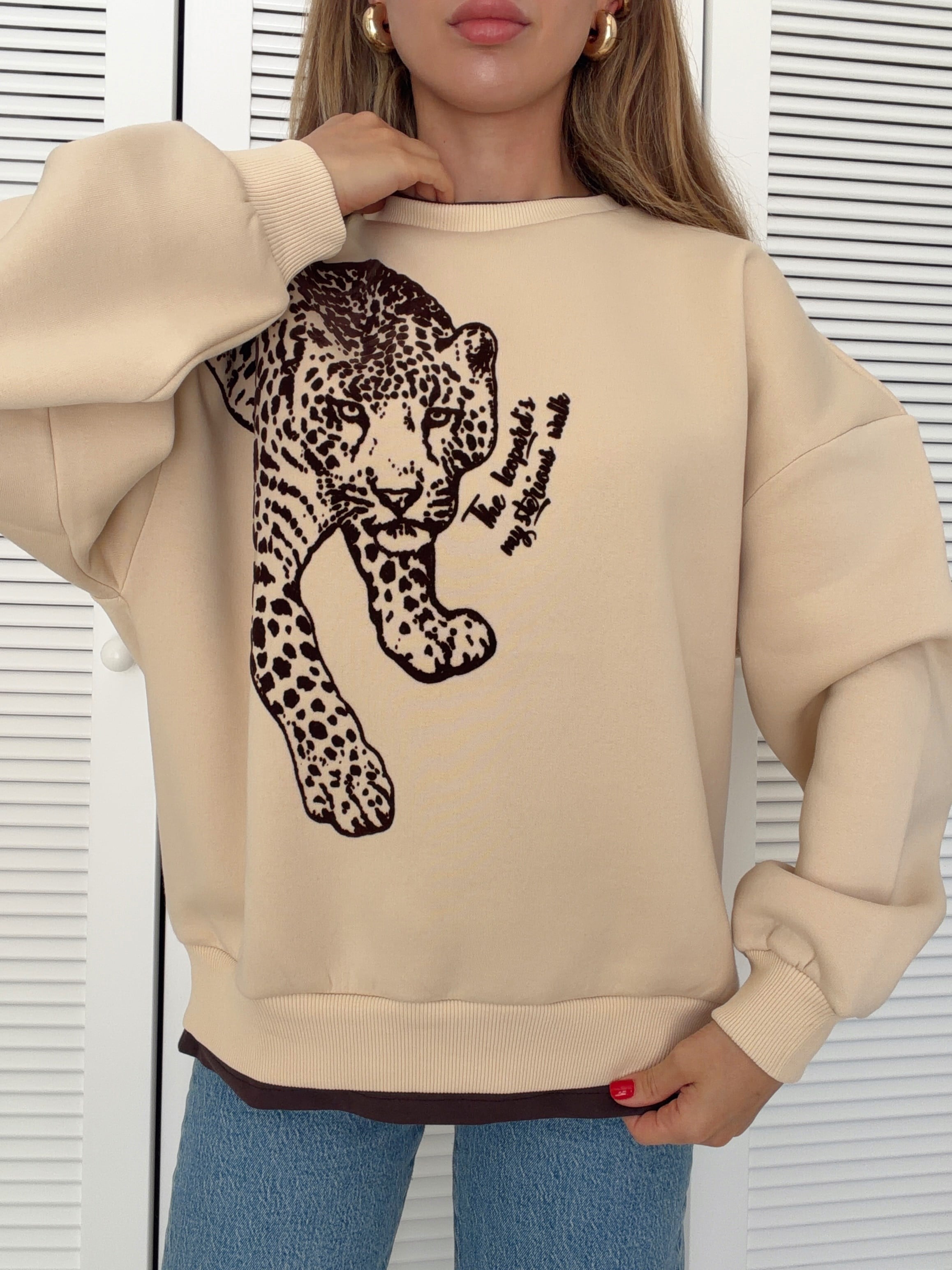 Tshirt Birleşik Detaylı Leopar Sweat Krem