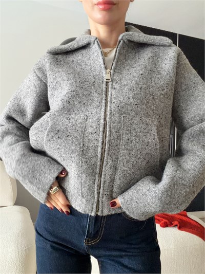  Yün Karışımlı Fermuarlı Triko Hırka Füme