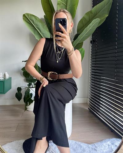 Askılı Bel Kemerli Modal Elbise Siyah / Antrasit Gri