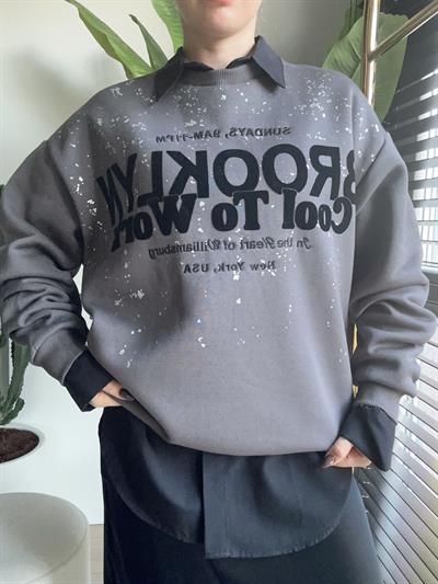 Baskı Detaylı Oversize Sweatshirt Koyu Gri