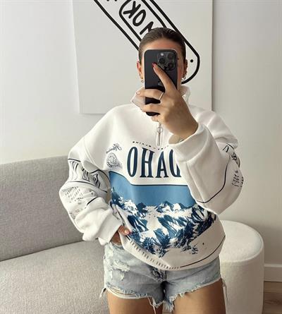 Baskılı Oversize Yaka Fermuarlı Sweatshirt