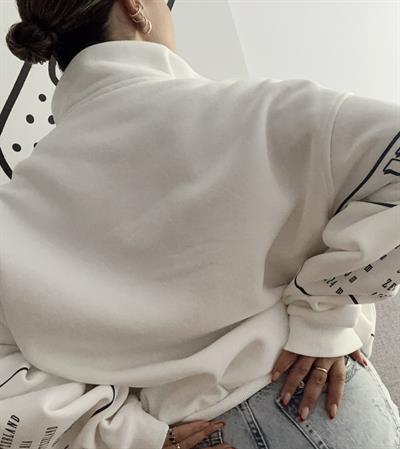 Baskılı Oversize Yaka Fermuarlı Sweatshirt
