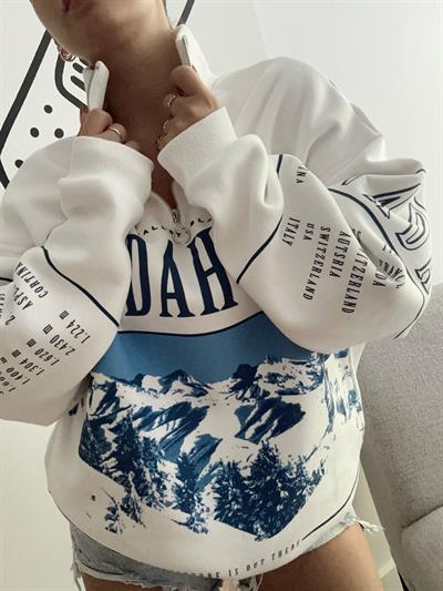 Baskılı Oversize Yaka Fermuarlı Sweatshirt