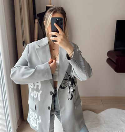 Baskılı Sloganlı Antrasit Oversize Blazer Ceket