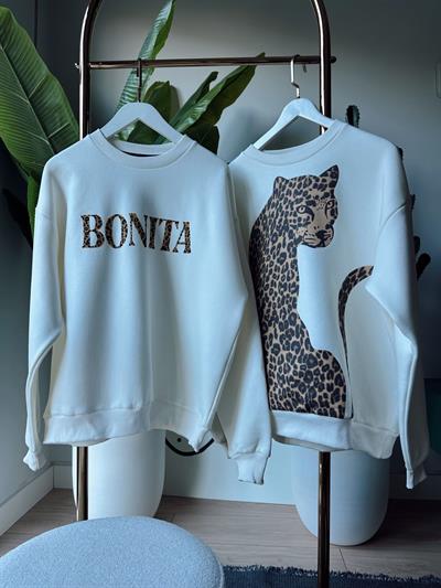 Bonita Leopar Baskı Detaylı Sweatshirt Ekru