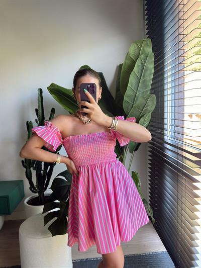 Çizgili Gipe Detay Straplez Mini Elbise Pembe
