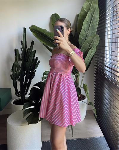 Çizgili Gipe Detay Straplez Mini Elbise Pembe