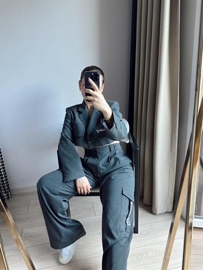 Crop Blazer Ceket Pantolon Takım