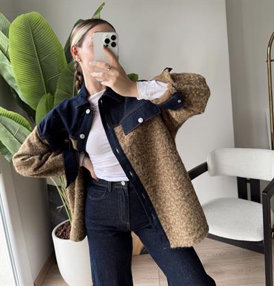Denim Garneli Buklet Ceket Kahverengi