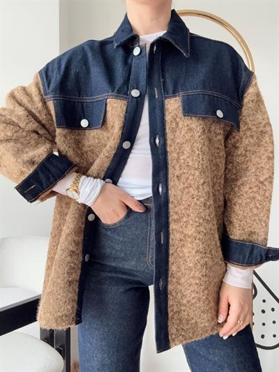 Denim Garneli Buklet Ceket Kahverengi