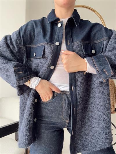 Denim Garneli Buklet Ceket Mavi