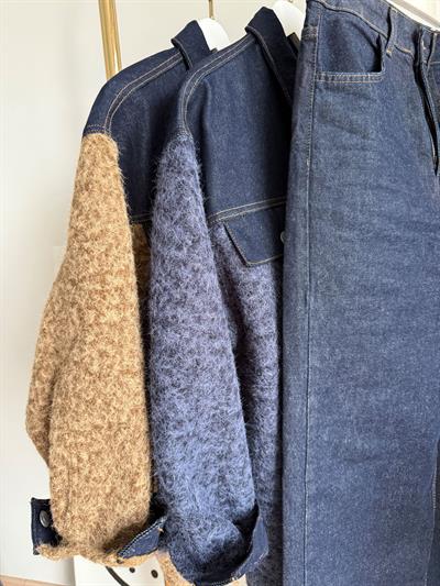 Denim Garneli Buklet Ceket Mavi