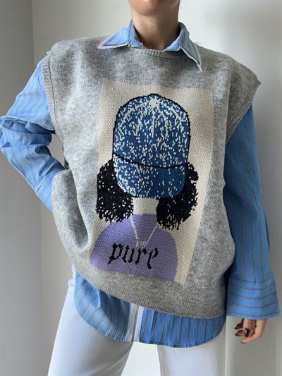 Figürlü Oversize Triko Süveter Gri