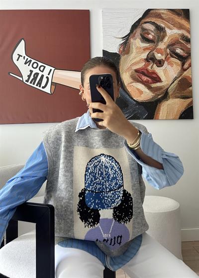 Figürlü Oversize Triko Süveter Gri