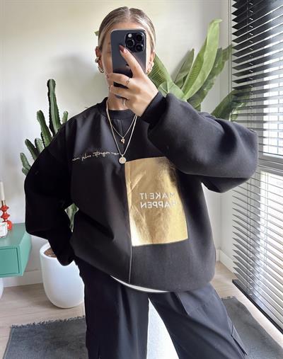 Gold Baskılı Oversize Sweat Siyah
