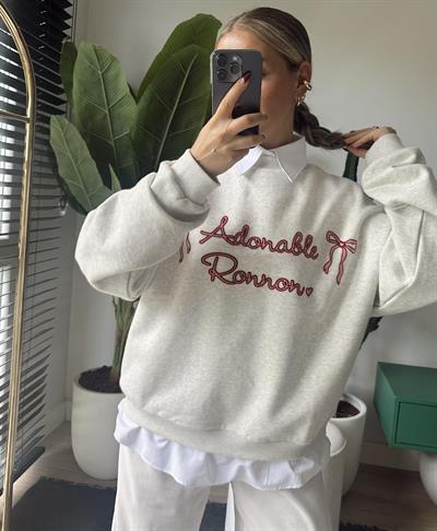 Gömlek Detaylı Baskılı Oversize Sweatshirt Gri