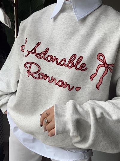 Gömlek Detaylı Baskılı Oversize Sweatshirt Gri