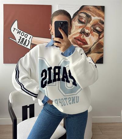 Gömlek Macht Baskılı Oversize Sweatshirt Ekru
