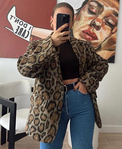 Kahve Leopar Desenli Kaşe Ceket