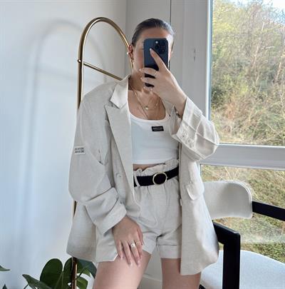Keten Blazer Ceket Oversize Ekru