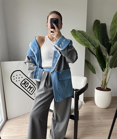 Kumaş Matchli Baskılı Blazer Ceket
