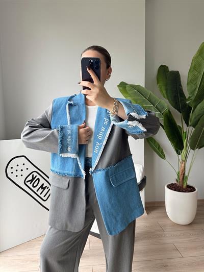 Kumaş Matchli Baskılı Blazer Ceket