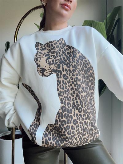 Leopar Baskı Detaylı Sweatshirt Ekru