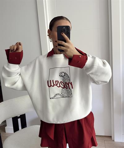 Meow Baskı Detayı Sweatshirt Ekru