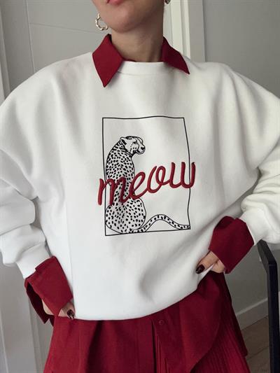 Meow Baskı Detayı Sweatshirt Ekru