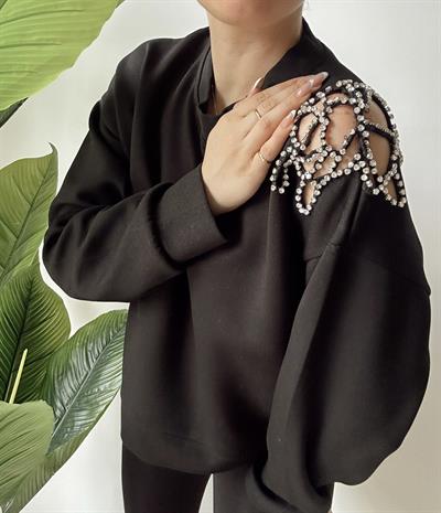 Omuz Detayı Taşlı Tasarım Modal Sweat Siyah