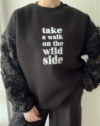 Oversize Gül Matchli Baskılı Sweatshirt Siyah