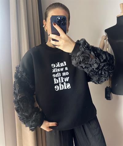 Oversize Gül Matchli Baskılı Sweatshirt Siyah