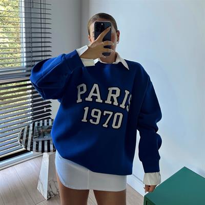 Paris Baskılı Gömlek Yaka Sweatshirt