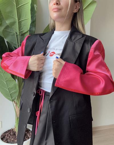 Şerit ve Baskı Detaylı Saten Matchli Oversize Ceket
